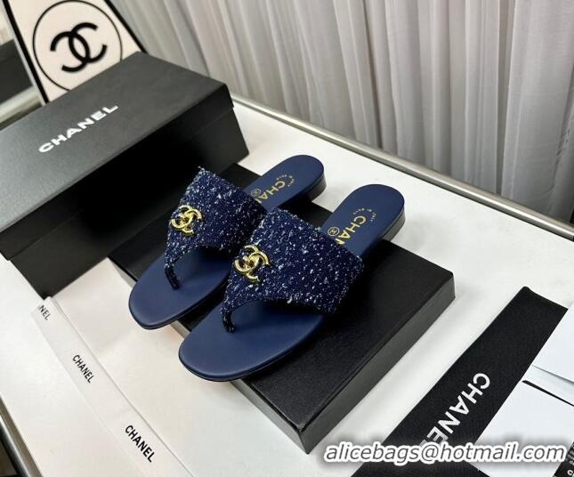 Low Price Chanel Fringe Denim Flat Slide Thong Sandals with CC Dark Blue 724045