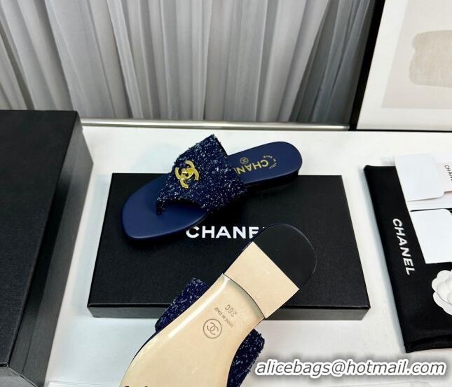 Low Price Chanel Fringe Denim Flat Slide Thong Sandals with CC Dark Blue 724045