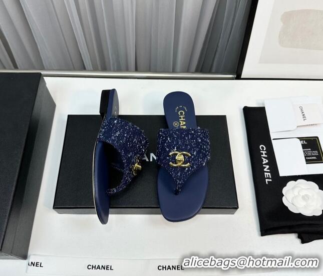 Low Price Chanel Fringe Denim Flat Slide Thong Sandals with CC Dark Blue 724045