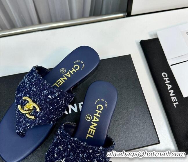 Low Price Chanel Fringe Denim Flat Slide Thong Sandals with CC Dark Blue 724045