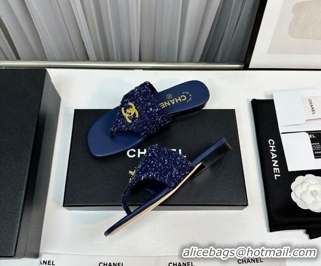 Low Price Chanel Fringe Denim Flat Slide Thong Sandals with CC Dark Blue 724045