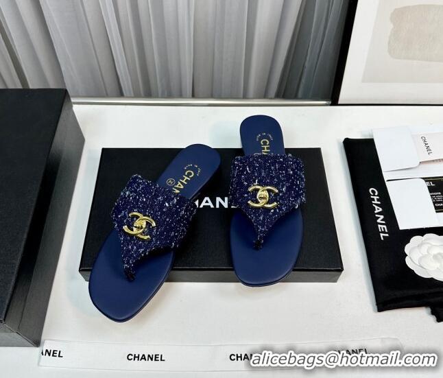 Low Price Chanel Fringe Denim Flat Slide Thong Sandals with CC Dark Blue 724045