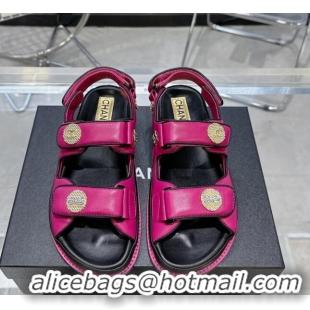 Good Quality Chanel Lambskin Flat Strap Sandals with Crystal Coin Dark Pink 724046