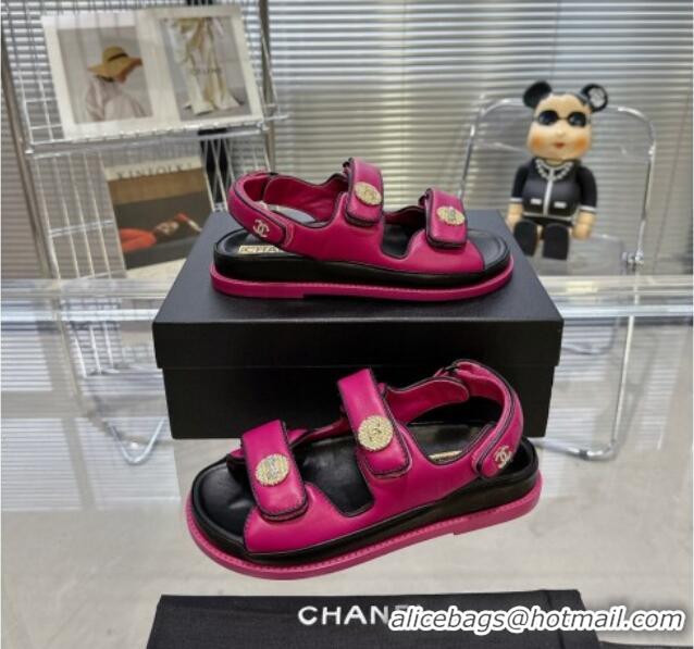 Good Quality Chanel Lambskin Flat Strap Sandals with Crystal Coin Dark Pink 724046