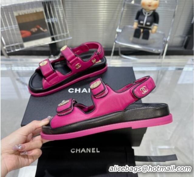 Good Quality Chanel Lambskin Flat Strap Sandals with Crystal Coin Dark Pink 724046