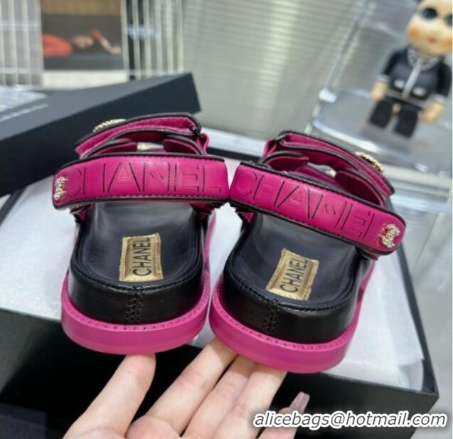 Good Quality Chanel Lambskin Flat Strap Sandals with Crystal Coin Dark Pink 724046