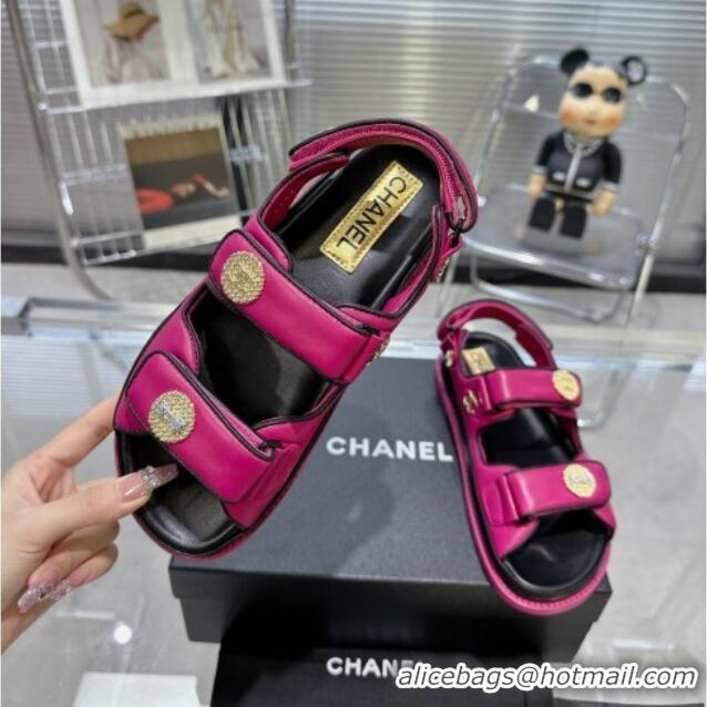 Good Quality Chanel Lambskin Flat Strap Sandals with Crystal Coin Dark Pink 724046