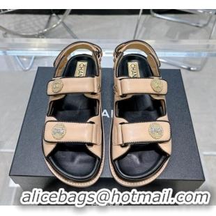 Charming Chanel Lambskin Flat Strap Sandals with Crystal Coin Nude 724047