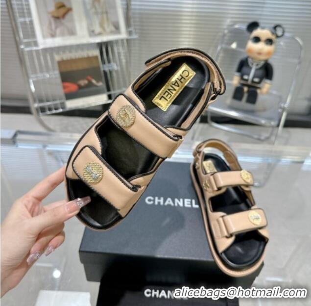 Charming Chanel Lambskin Flat Strap Sandals with Crystal Coin Nude 724047