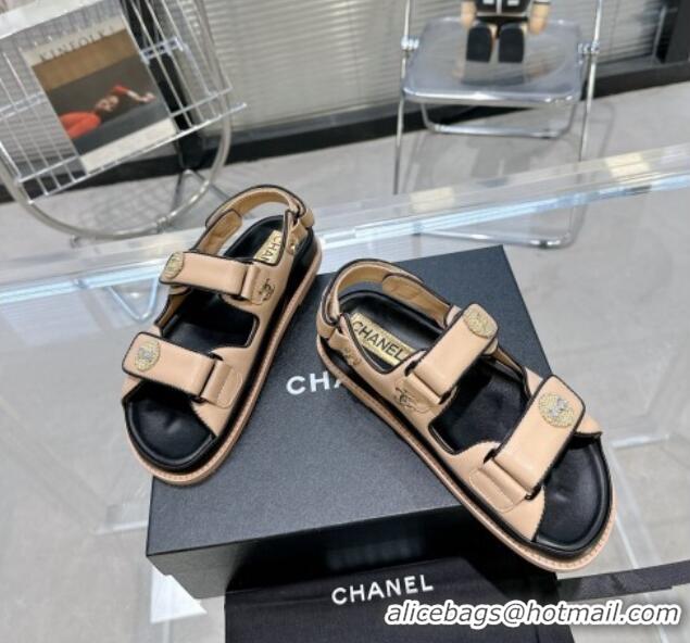 Charming Chanel Lambskin Flat Strap Sandals with Crystal Coin Nude 724047