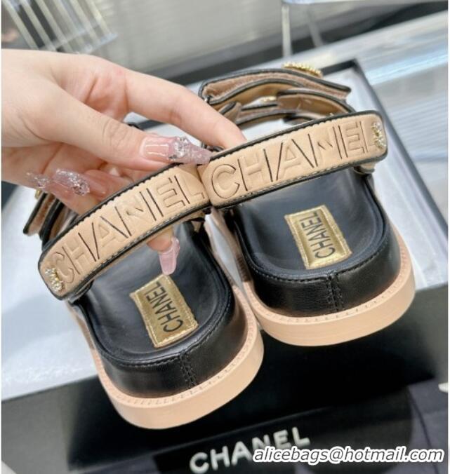 Charming Chanel Lambskin Flat Strap Sandals with Crystal Coin Nude 724047