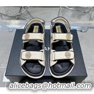 Best Quality Chanel Lambskin Flat Strap Sandals with Crystal Coin Cream White 724048