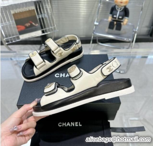 Best Quality Chanel Lambskin Flat Strap Sandals with Crystal Coin Cream White 724048