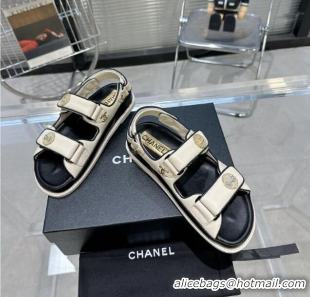 Best Quality Chanel Lambskin Flat Strap Sandals with Crystal Coin Cream White 724048