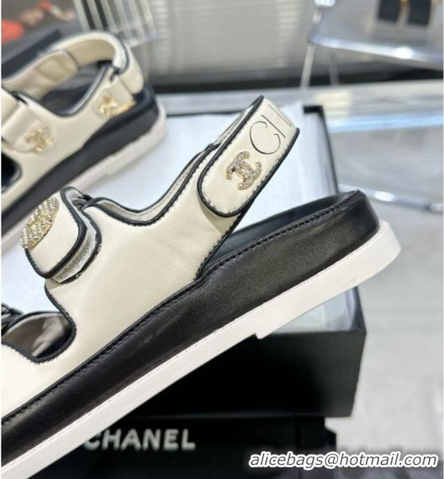 Best Quality Chanel Lambskin Flat Strap Sandals with Crystal Coin Cream White 724048