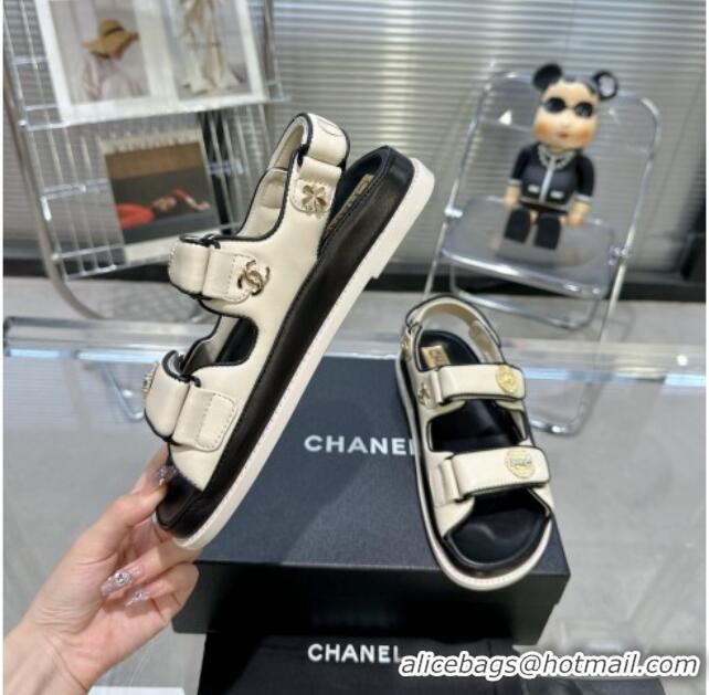 Best Quality Chanel Lambskin Flat Strap Sandals with Crystal Coin Cream White 724048