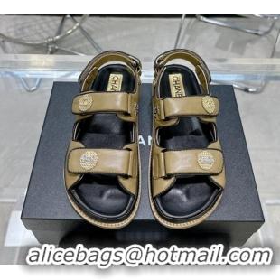 Good Looking Chanel Lambskin Flat Strap Sandals with Crystal Coin Green 724049