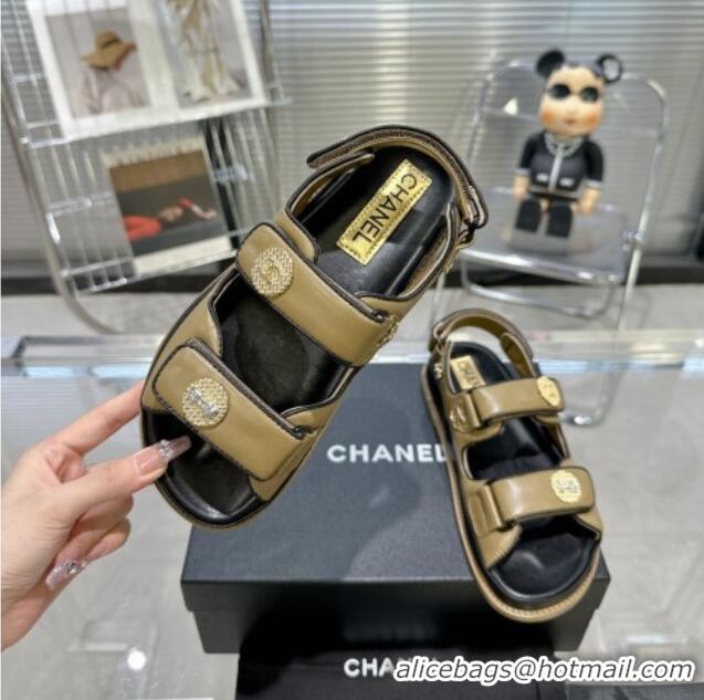 Good Looking Chanel Lambskin Flat Strap Sandals with Crystal Coin Green 724049