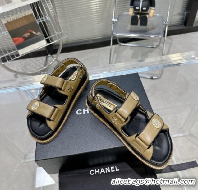 Good Looking Chanel Lambskin Flat Strap Sandals with Crystal Coin Green 724049