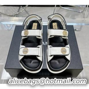 Super Quality Chanel Lambskin Flat Strap Sandals with Crystal Coin Optic White 724050