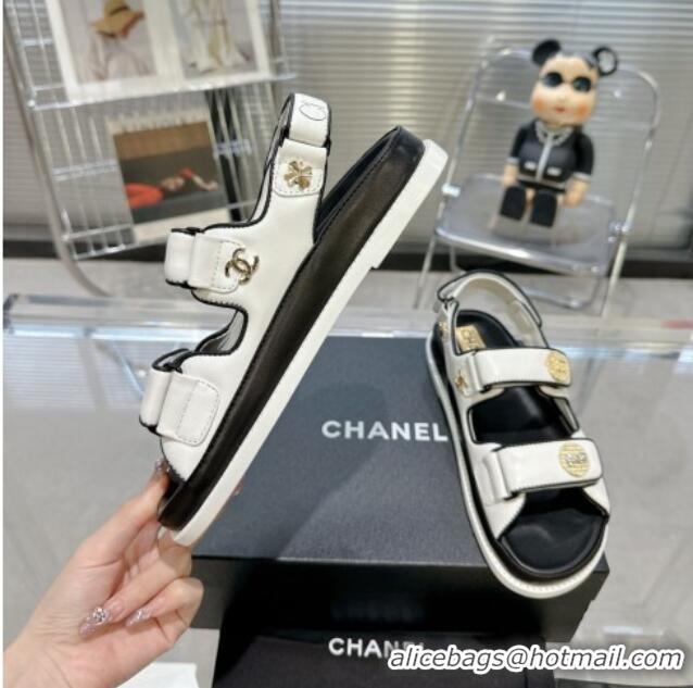 Super Quality Chanel Lambskin Flat Strap Sandals with Crystal Coin Optic White 724050