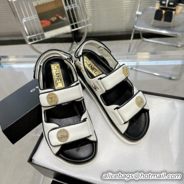 Super Quality Chanel Lambskin Flat Strap Sandals with Crystal Coin Optic White 724050