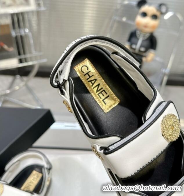 Super Quality Chanel Lambskin Flat Strap Sandals with Crystal Coin Optic White 724050