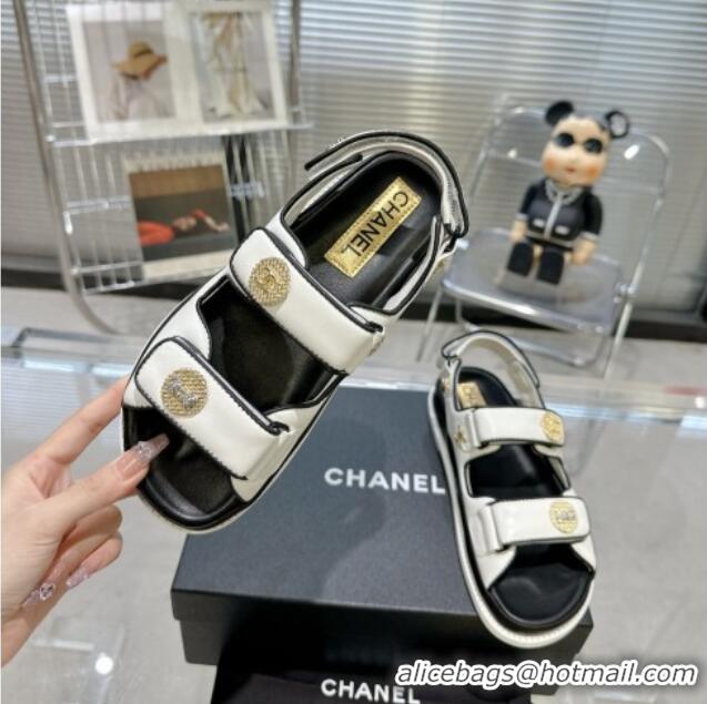 Super Quality Chanel Lambskin Flat Strap Sandals with Crystal Coin Optic White 724050