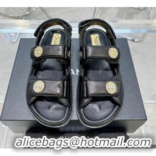 Luxury Chanel Lambskin Flat Strap Sandals with Crystal Coin Black 724051