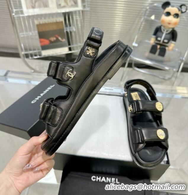 Luxury Chanel Lambskin Flat Strap Sandals with Crystal Coin Black 724051