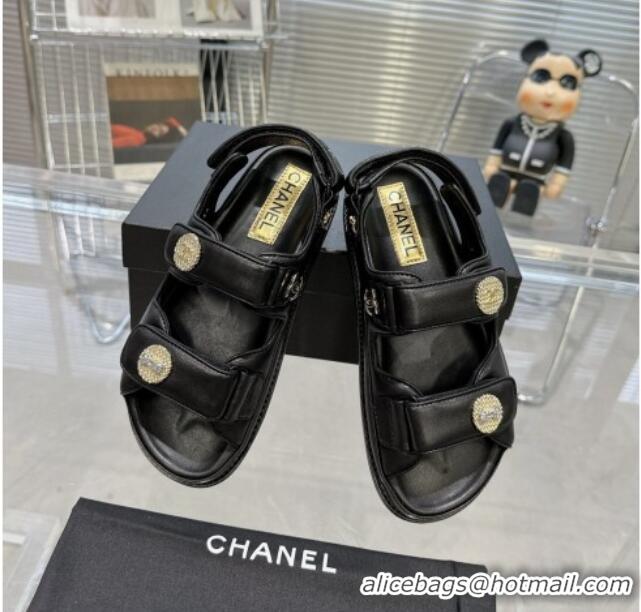 Luxury Chanel Lambskin Flat Strap Sandals with Crystal Coin Black 724051