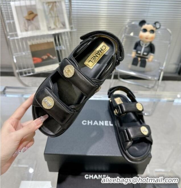 Luxury Chanel Lambskin Flat Strap Sandals with Crystal Coin Black 724051