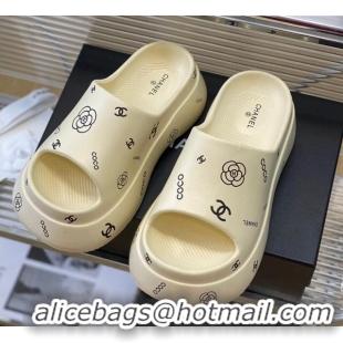 Best Price Chanel Logo Printed PVC Platform Slide Sandals 6cm White 724052