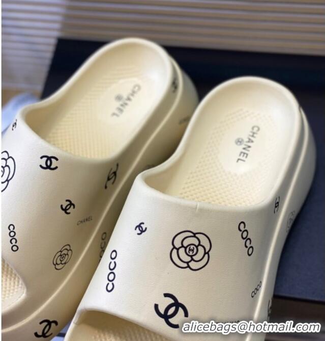 Best Price Chanel Logo Printed PVC Platform Slide Sandals 6cm White 724052