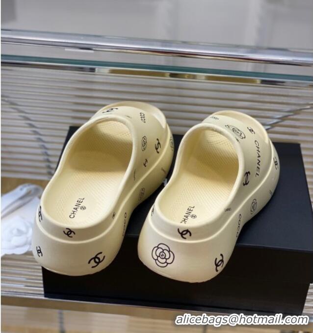 Best Price Chanel Logo Printed PVC Platform Slide Sandals 6cm White 724052