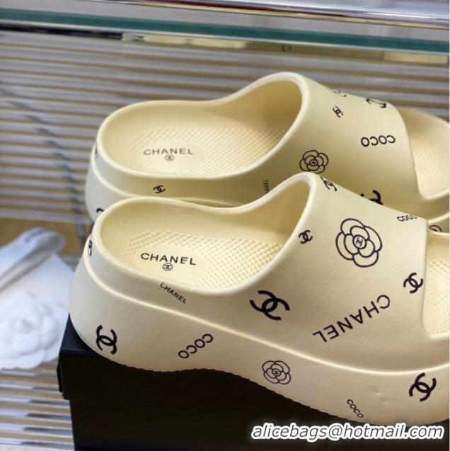 Best Price Chanel Logo Printed PVC Platform Slide Sandals 6cm White 724052