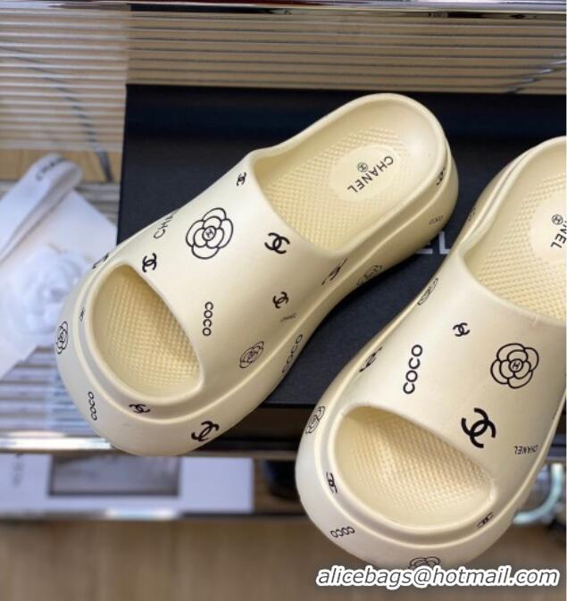 Best Price Chanel Logo Printed PVC Platform Slide Sandals 6cm White 724052