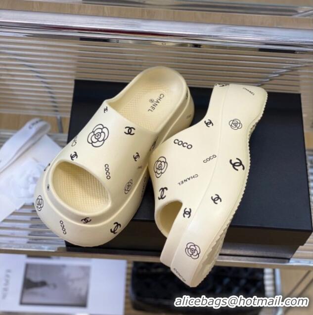 Best Price Chanel Logo Printed PVC Platform Slide Sandals 6cm White 724052