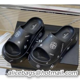 Affordable Price Chanel Logo Printed PVC Platform Slide Sandals 6cm Black 724053