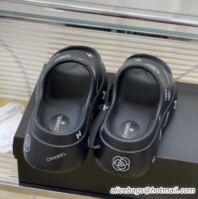 Affordable Price Chanel Logo Printed PVC Platform Slide Sandals 6cm Black 724053