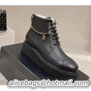 Best Price Chanel Calfskin Platform Lace-up Ankle Boots with Chain Black 728054