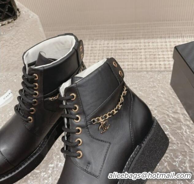 Best Price Chanel Calfskin Platform Lace-up Ankle Boots with Chain Black 728054