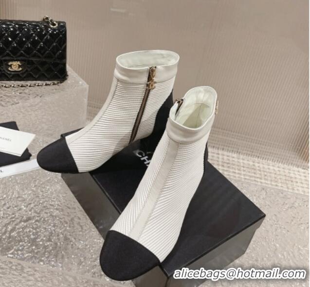 Perfect Chanel Striped Calfskin Ankle Boots with Pearl CC White 728055