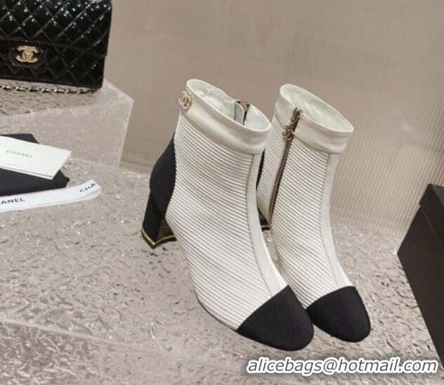 Perfect Chanel Striped Calfskin Ankle Boots with Pearl CC White 728055