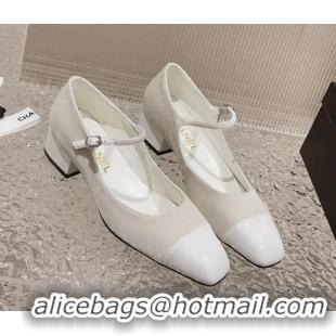 Cute Chanel Velvet & Patent Leather Mary Janes Pumps White 728057