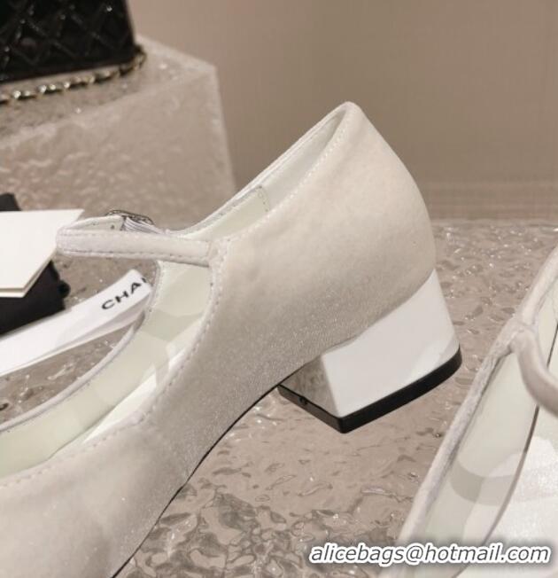 Cute Chanel Velvet & Patent Leather Mary Janes Pumps White 728057