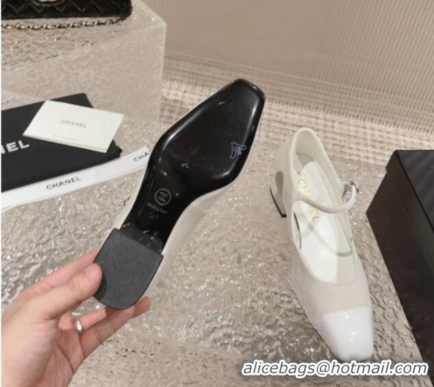 Cute Chanel Velvet & Patent Leather Mary Janes Pumps White 728057