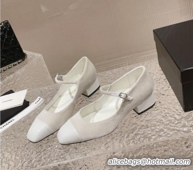 Cute Chanel Velvet & Patent Leather Mary Janes Pumps White 728057