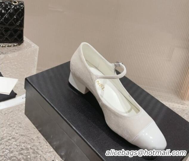 Cute Chanel Velvet & Patent Leather Mary Janes Pumps White 728057