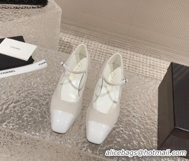 Cute Chanel Velvet & Patent Leather Mary Janes Pumps White 728057